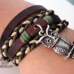 Owl charm bracelet hemp woven leather bracelet