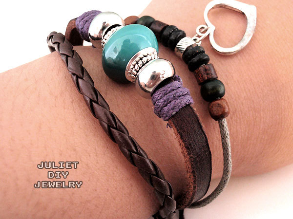Silver heart charm leather bracelet