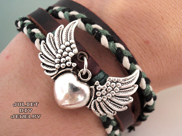 Heart & angel wings silver charm hemp woven leather bracelet