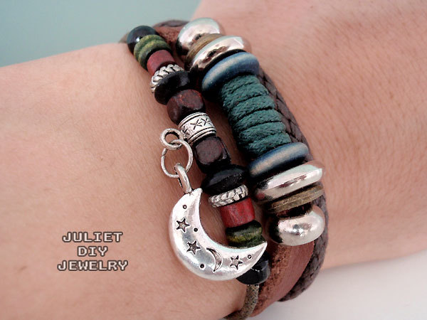 Silver moon charm leather beaded bracelet