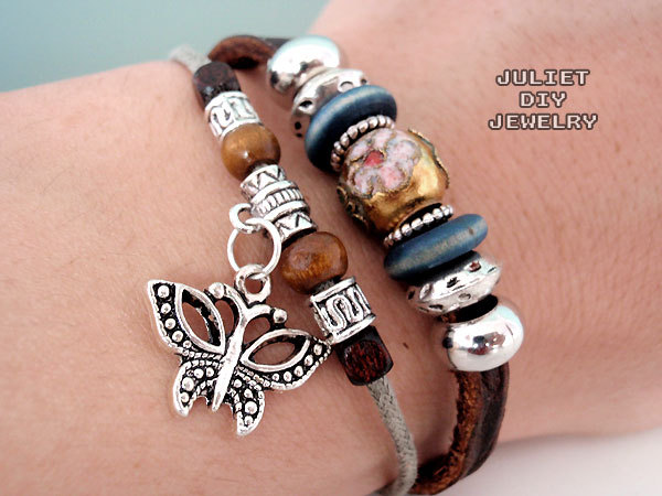 Silver butterfly charm leather bracelet with beautiful cloisonné center bead