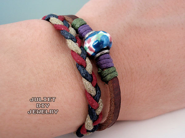 Unisex blue ceramic bead leather bracelet with hemp woven