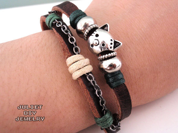 Cat charm bracelet silver kitty cat leather bracelet