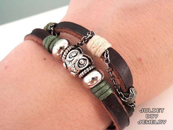 Owl charm bracelet silver owl bead leather bracelet