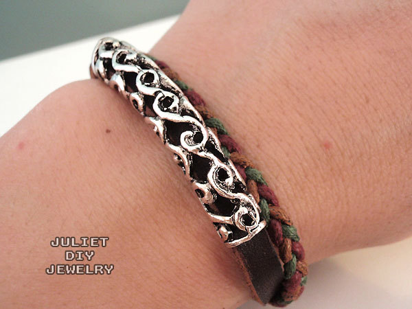 Simple hemp woven leather bracelet with vintage style silver tube