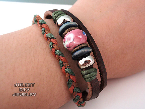 Unisex pink ceramic bead leather bracelet with green and orange hemp woven