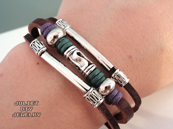 Unisex swirl bead leather zen bracelet with shiny silver tubes