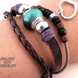 Silver heart charm leather bracelet