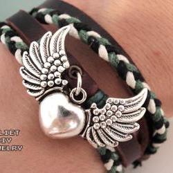 Heart & angel wings silver charm hemp woven leather bracelet