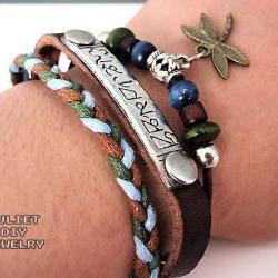 Dragonfly and sanskrit multi-strand hemp woven leather zen bracelet
