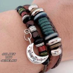 Silver moon charm leather beaded bracelet
