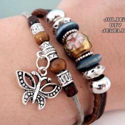 Silver butterfly charm leather bracelet with beautiful cloisonné center bead