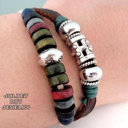 Two strand beaded leather bracelet