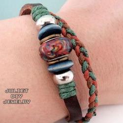 Brown ceramic bead leather bracelet with hemp woven