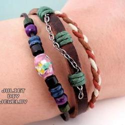 Unisex pink ceramic bead leather bracelet with hemp woven