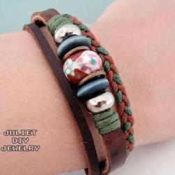 Unisex brown ceramic bead leather bracelet with hemp woven