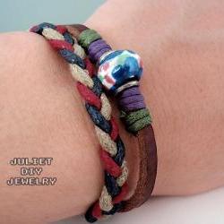 Unisex blue ceramic bead leather bracelet with hemp woven
