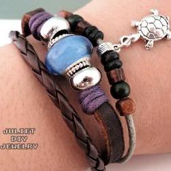 Silver turtle charm leather bracelet