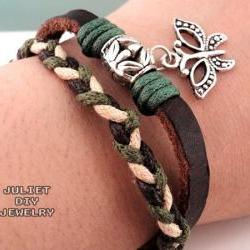 Silver butterfly charm leather bracelet  