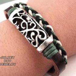 Simple hemp woven leather bracelet with vintage style silver tube