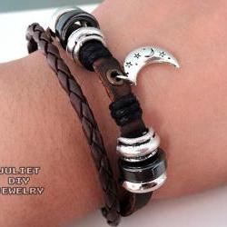 Silver moon charm leather bracelet