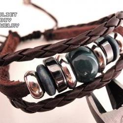 Unisex green ceramic bead leather bracelet