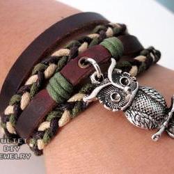 Owl charm bracelet hemp woven leather bracelet
