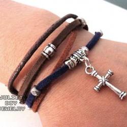 Leather silver cross bracelet