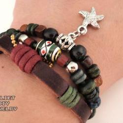 Starfish beaded multi-strand leather zen bracelet