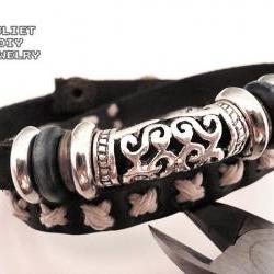 Black leather double wrap bracelet with ancient looking silver tube