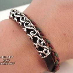 Simple hemp woven leather bracelet with vintage style silver tube