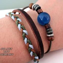 Dark blue stone and hemp woven leather bracelet
