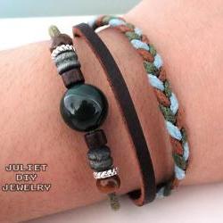 Dark green stone and hemp woven leather bracelet