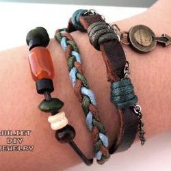 Men's bracelet, leather hemp woven bracelet