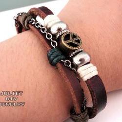 Peace sign leather bracelet