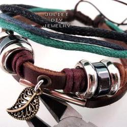 Leaf design leather bracelet, zen bracelet