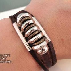 Leather Zen Bracelet with Sparkling Silver Beads, Fully Adjustable 5.5 to 9 Inches, Fits Men, Women, Teens